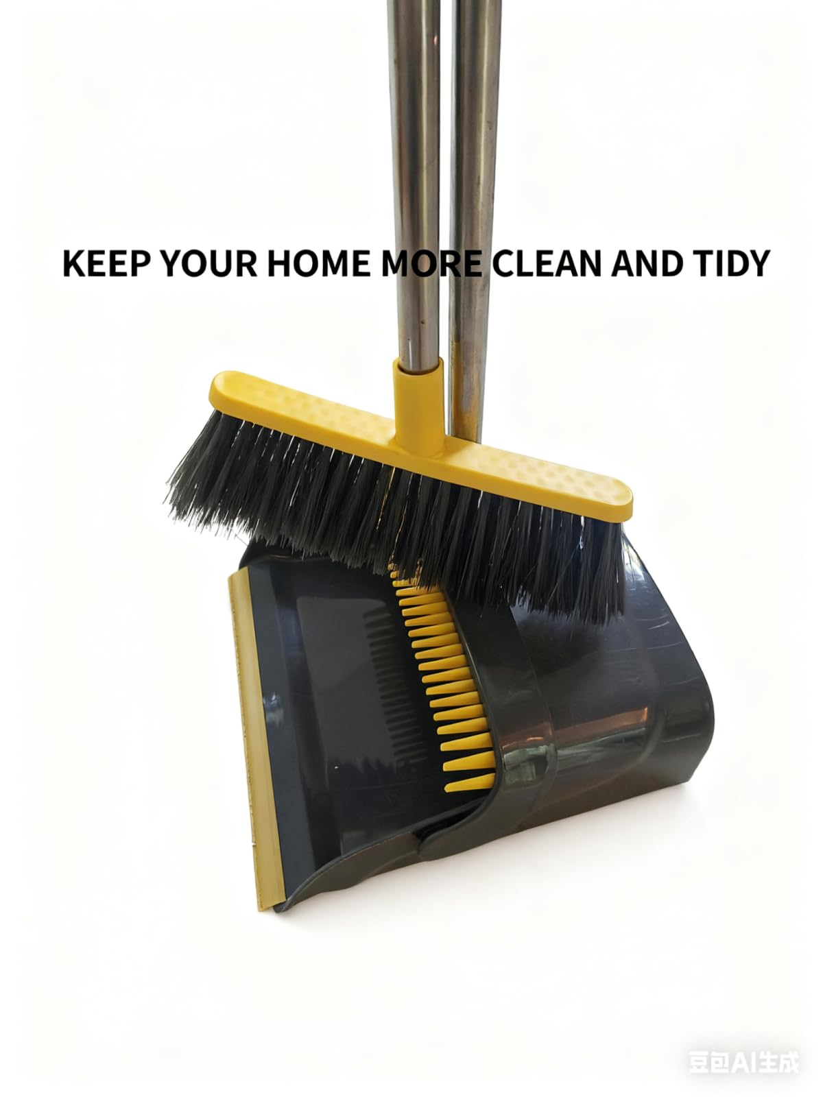 Broom and Dustpan Set with Long Handle - Upright Dustpan & 3 Rows Dense Bristles, Ideal for Home, Office, Kitchen, Lobby, Shop, All-Purpose Indoor & Outdoor Sweeping,Gray&Yellow