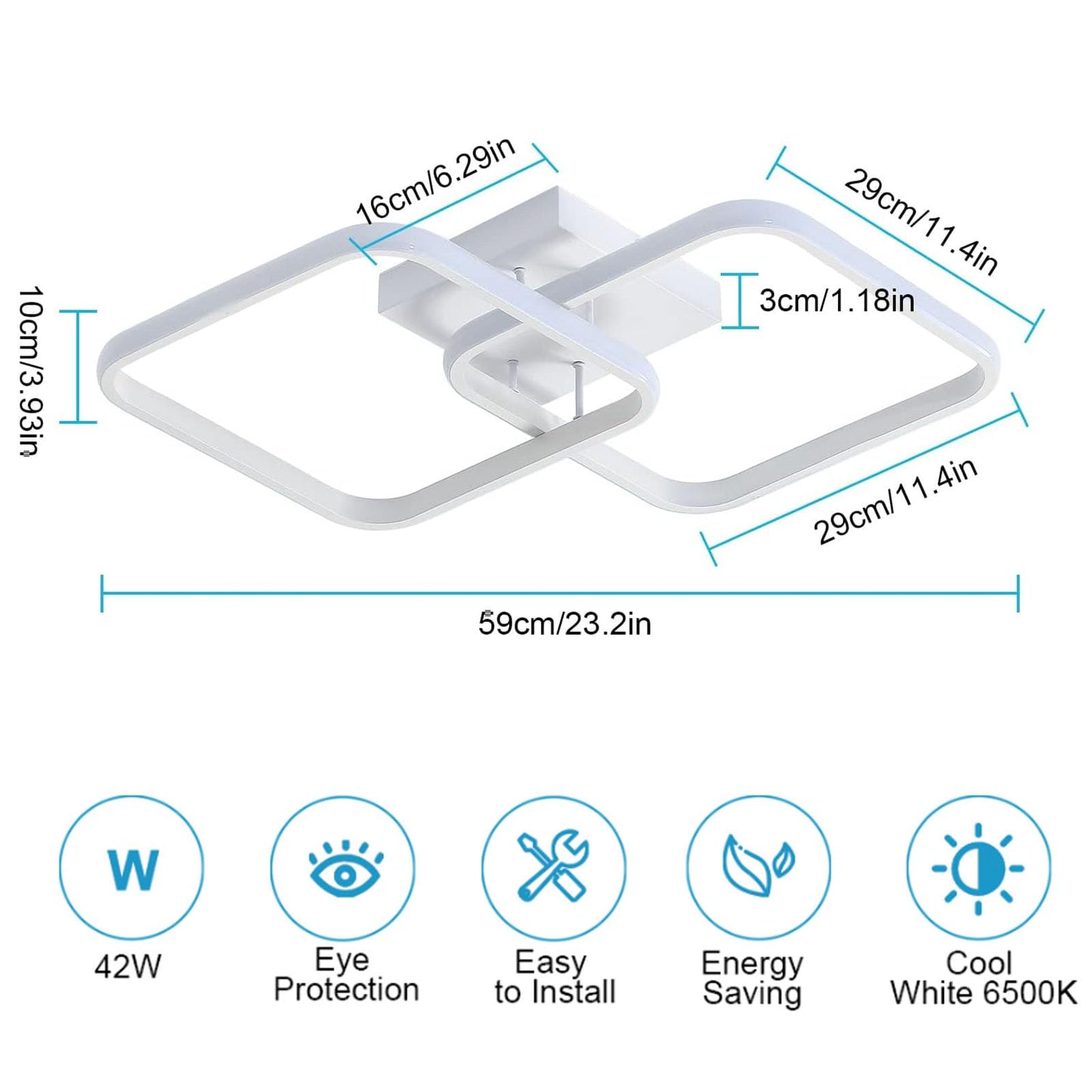 DELIPOP 23 Inch Modern LED Ceiling Light, 42W 6500K Flush Mount Ceiling Light, Acrylic Ceiling Lamp for Hallway, Living Room, Dining Room, Kitchen, Bedroom