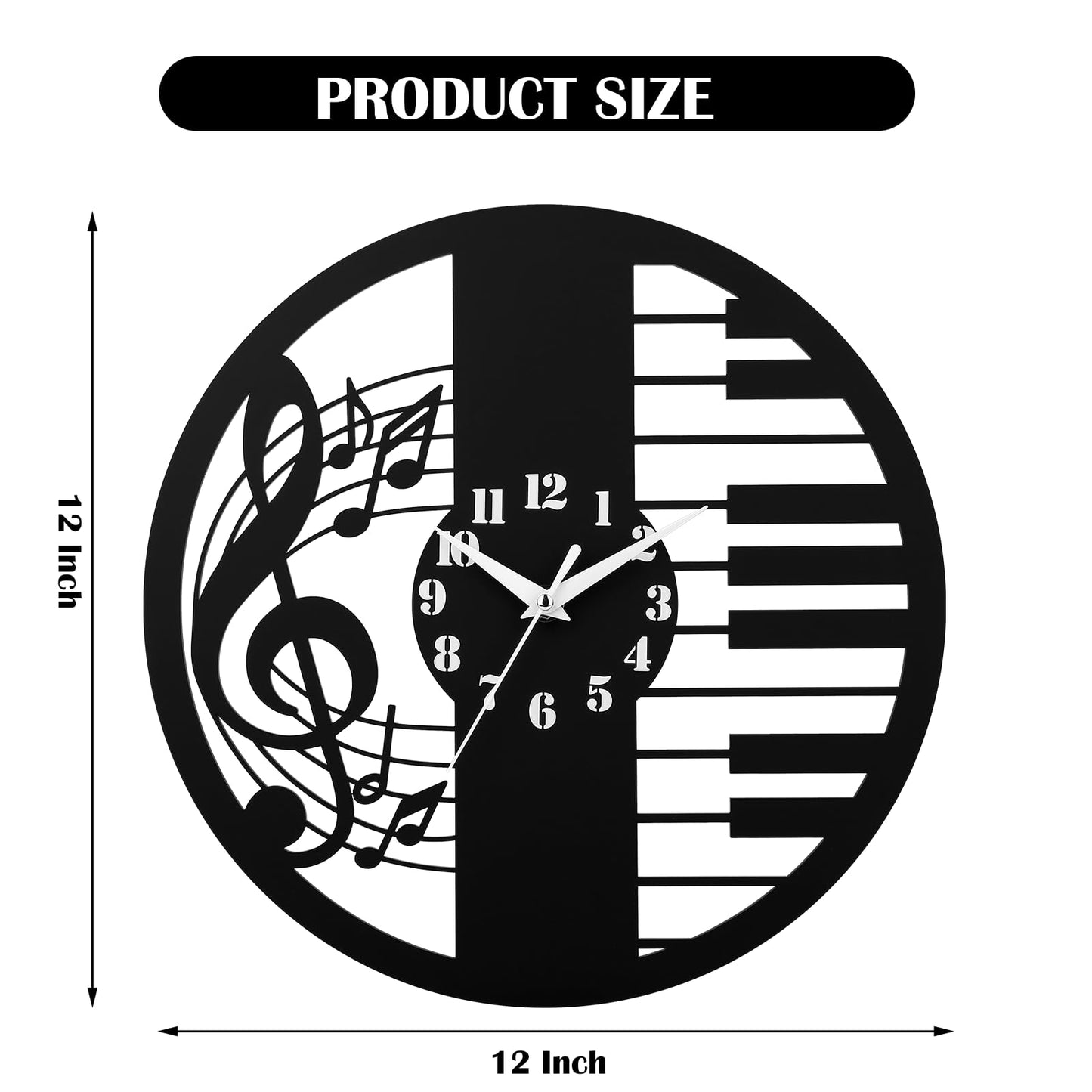 CIGERA 12 Inch Music Themed Wall Clock - Piano Key & Musical Note Design, Silent and Battery Operated - Perfect for Music Room, Studio Decor - Gift for Pianists, Musicians & Music Lover
