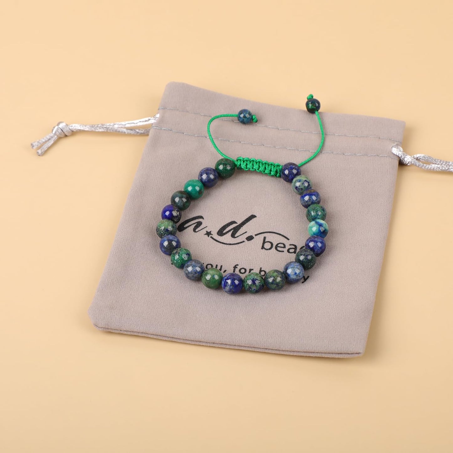 AD Beads Natural 8mm Gemstone Bracelets Healing Power Crystal Macrame Adjustable 7-9 Inch (Lazuli Chrysocolla)