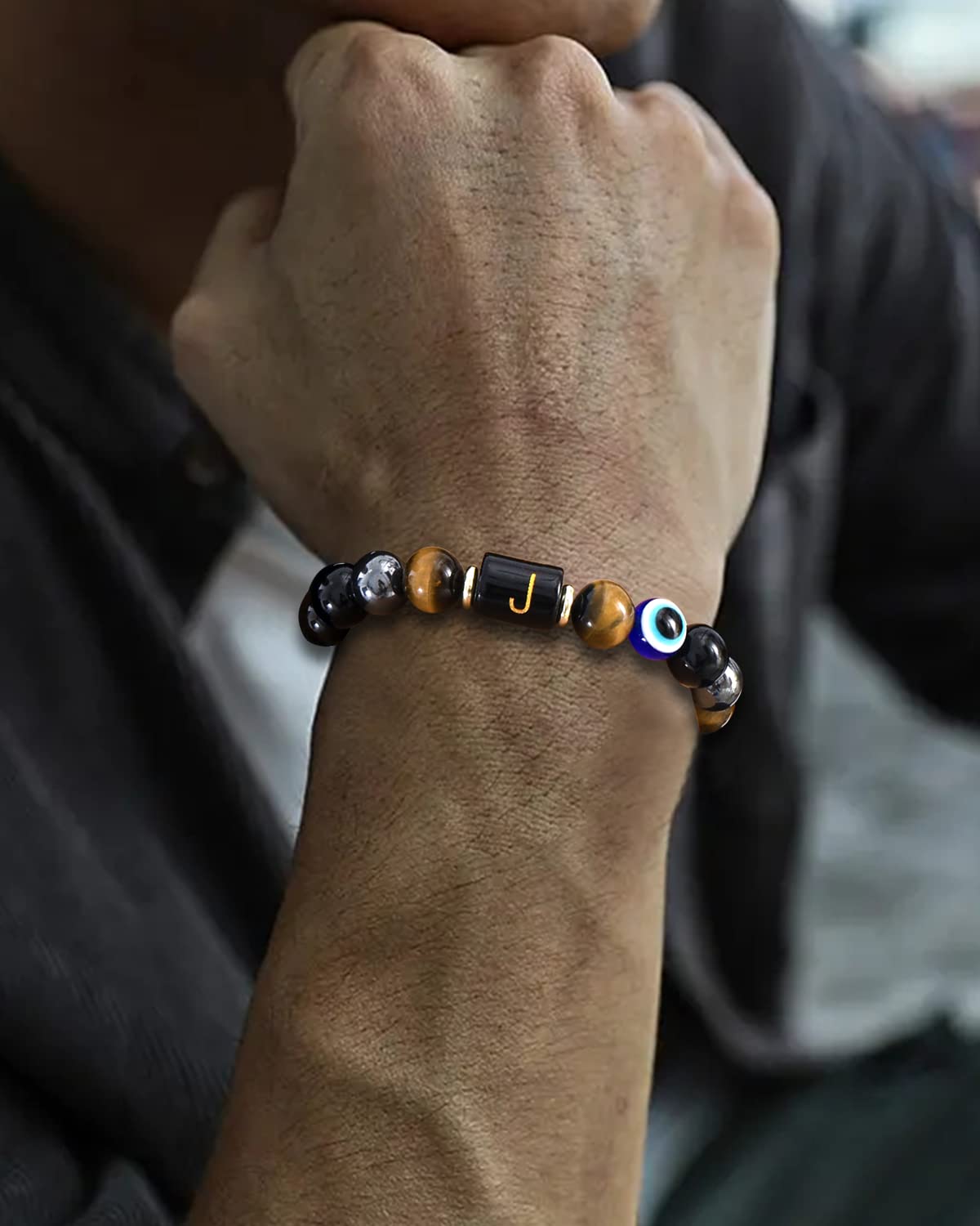 Dayka Initial Triple Protection Bracelet for Men,Black Evil Eye Tiger Eye Hematite Obsidian Good Luck Healing Crystal Stones Mens Bead Bracelet Jewelry Gift (F initial bracelet, Triple Protection)