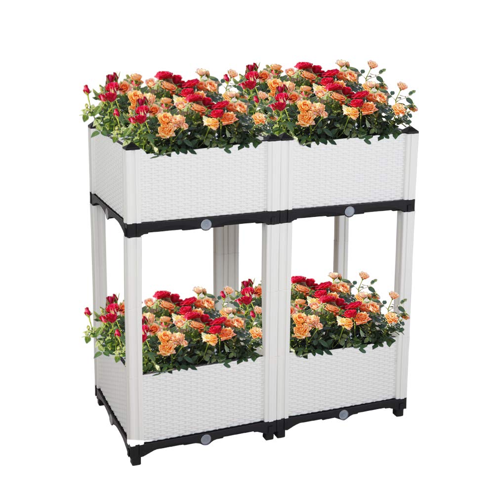 Planter Raised Beds Kits Set of 4, Plastic Elevated Garden beds with Brackets for Flowers Vegetables, Outdoor Indoor Planting Box Container for Garden Patio Balcony Restaurant, Easy Assembly (White)