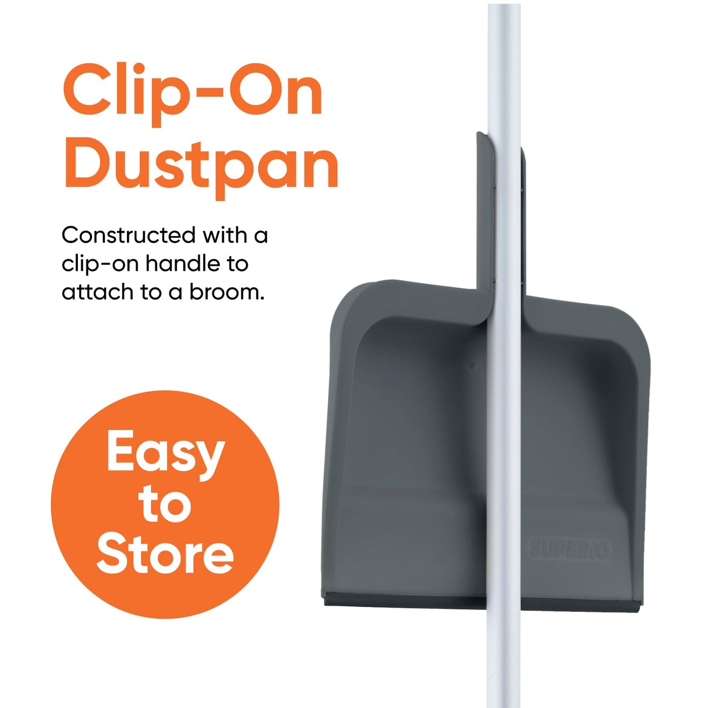 Superio Clip-On Dustpan with Rubber Lip - 10-inch Wide Durable Plastic Dust Pan with Comfort Grip Handle, 2-Pack (Grey)