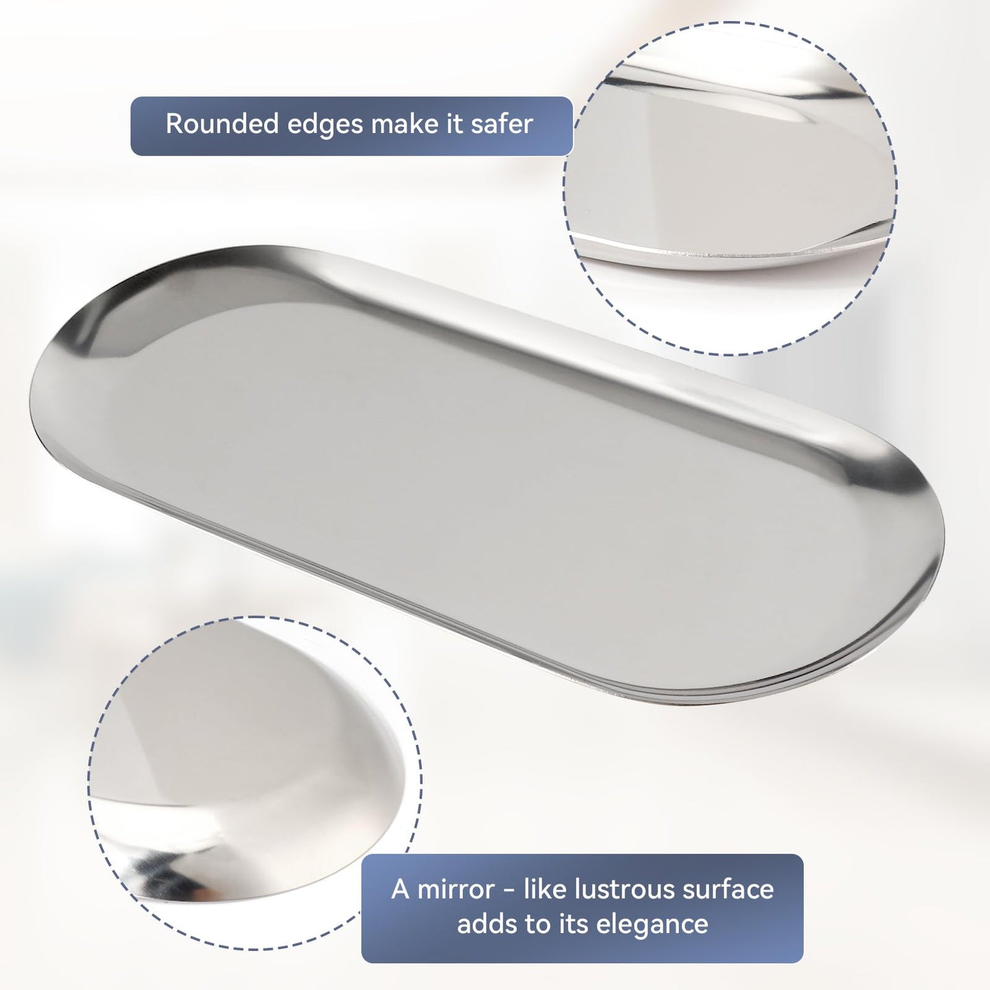 2PACK Silver Decorative Tray,Oval Stainless Steel Trays, Decorative Tray for Jewelry Dish Cosmetics Organizer Bathroom Clutter Serving Platter (Silver, 10 in)