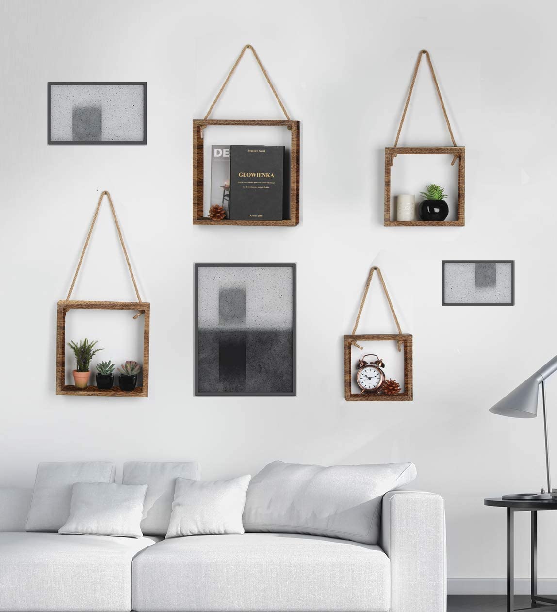 J JACKCUBE DESIGN Floating Hanging Square Shelves Wall Mounted Rustic Wood Cube Display Shelf Shadow Boxes Decorative Boho Home Décor for Living Room, Bedroom, Office, Set of 4 (Brown) - MK571B