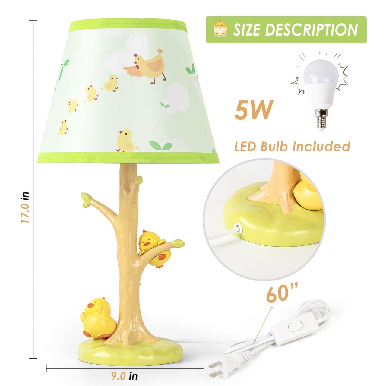 HERBESTBAY Table Lamp for Kids, 16 Inch Cute Chicken Bedside Lamp with LED Bulb, Animal Resin Desk Lamp for Boys Girls Bedroom or Nursery Decor