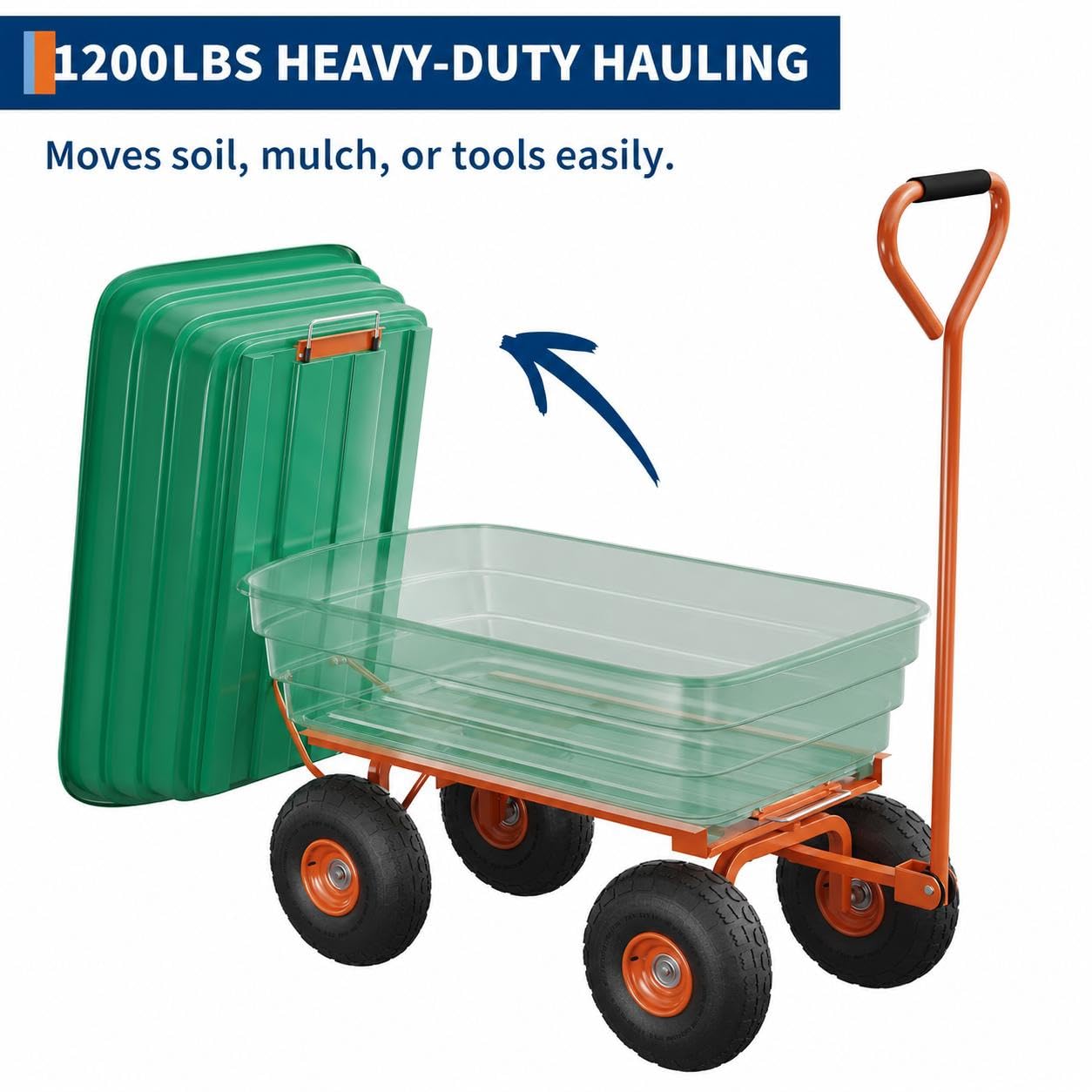 Jojoka 1200 Lbs Heavy Duty Garden Dump Cart, 4 Cu ft Rust-Resistant Poly Utility Wagon with 10-Inch All-Terrain Pneumatic Tires and Quick-Release Dumping for Yard, Lawn, and Landscaping