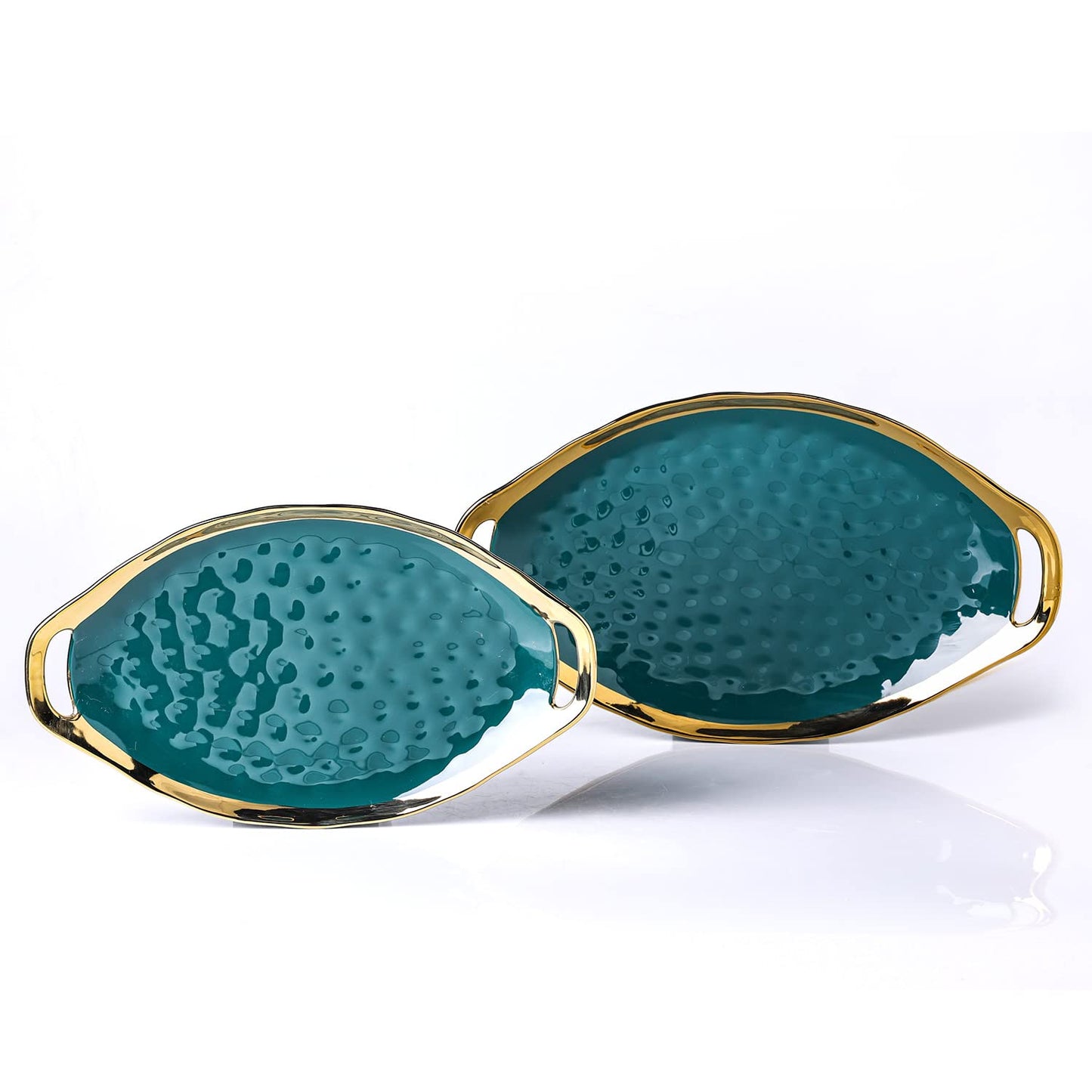 Stone Lain Florian Porcelain Large and Medium Oval Platters with Handle, Service Set, Green with Gold Rim