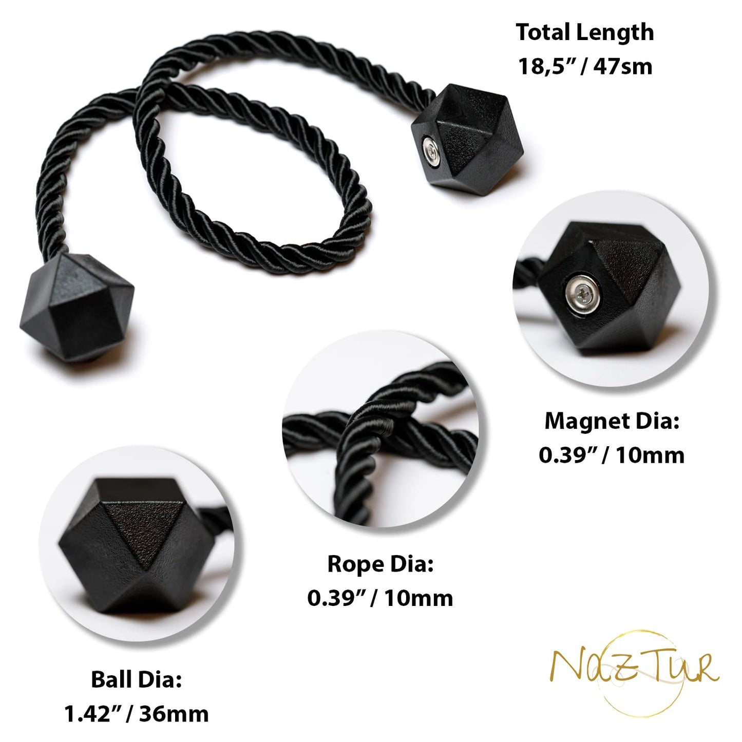 NazTur Magnetic Curtain Tiebacks- Upgrade 2022 with a Thicker Twist Rope & Strong Magnet Tieback Window Treatment Holdbacks Draperies Holders Decorative Drape Handmade Tie Back (Black, 2)