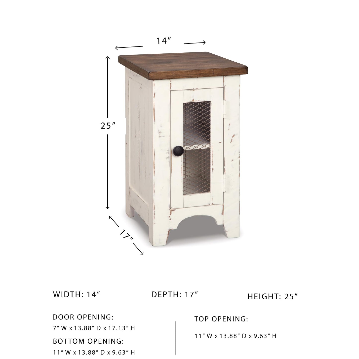 Signature Design by Ashley Wystfield Farmhouse Chair Side End Table with Cabinet Door for Storage, White & Brown with Distressed Finish