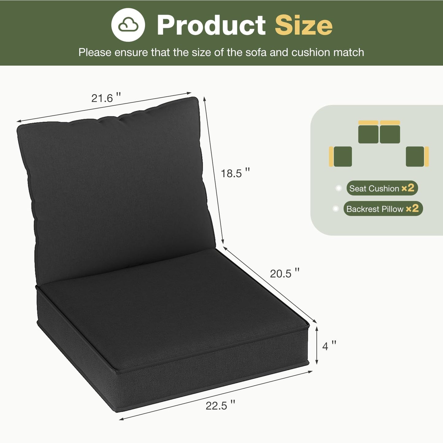 Aoxun Replacement Cushions for Outdoor Furniture, 4-Piece Outdoor Cushions for Patio Furniture, Deep Seat, Waterproof & Fade Resistant Couch Cushion for 4-Seat Patio Conversation Sets, Black