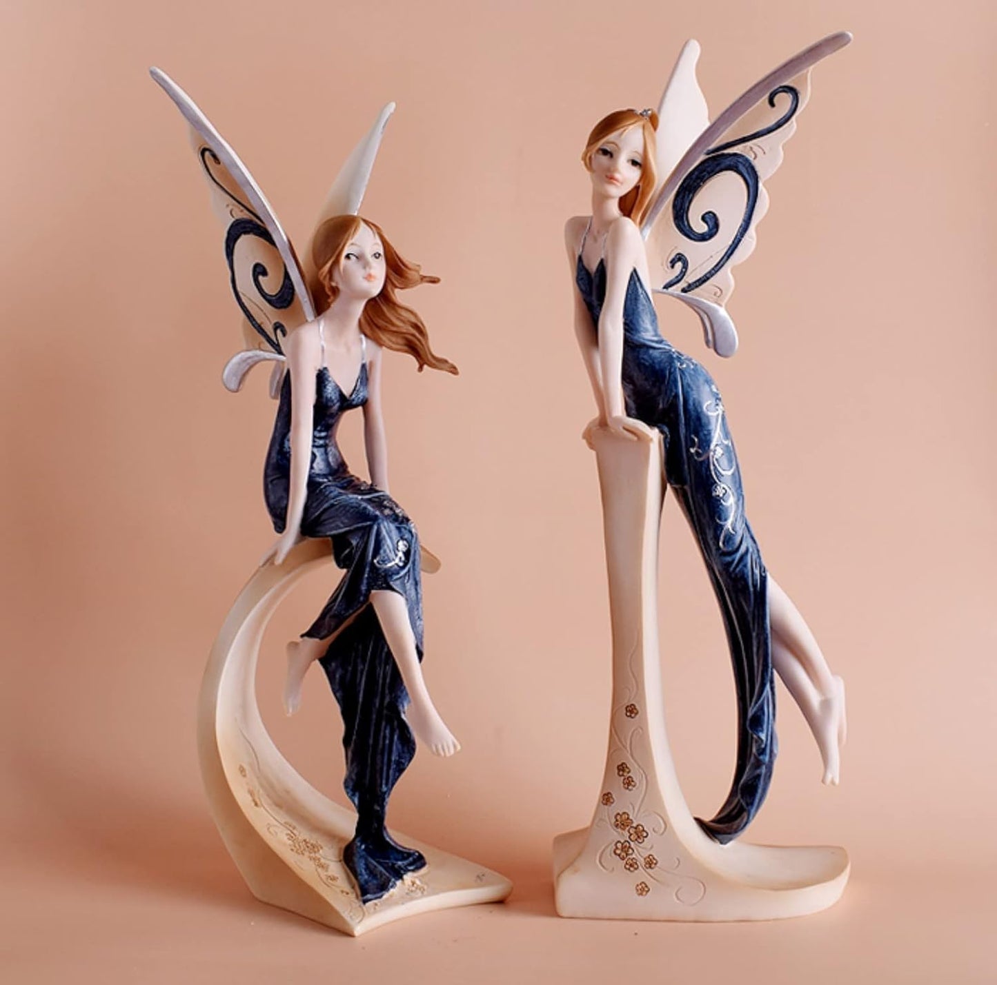 Comfy Hour 7" Standing Fairy Figurine, Elegant Woman Statue in Dark Blue Gown, Sophisticated Fairyland Desktop Decor Accent, Stone Resin Artisan Crafted Sculpture, 1 Unit