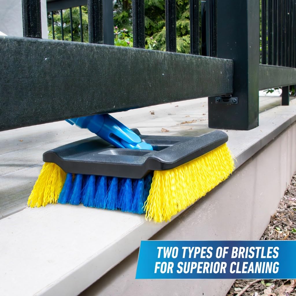 Unger Professional Lock-On Wood & Composite Deck Brush with EZ Extend Pro Telescopic Pole for Outdoor Decks with Durable Dual-Bristle, Swivel Deck Cleaning Brush, Adjustable 5 FT Pole Extends Reach