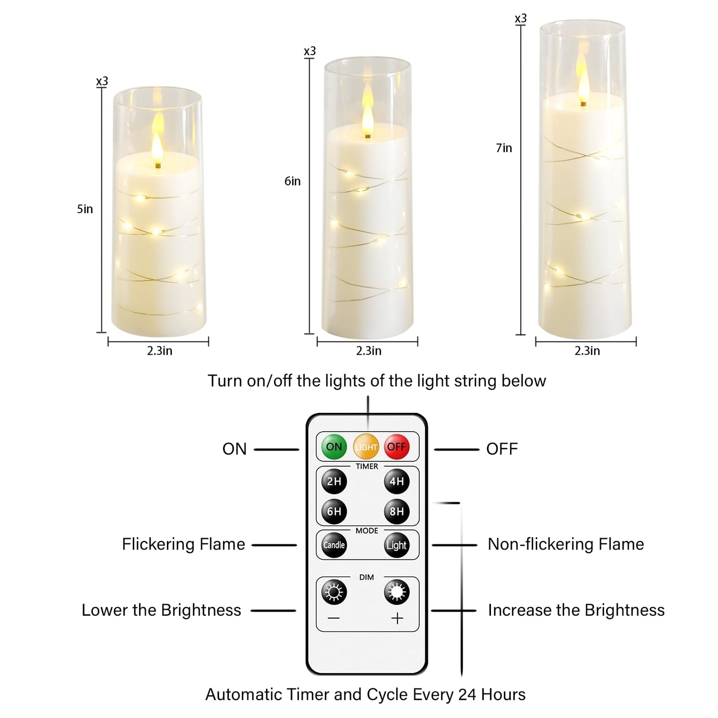 Nimiko Flickering Flameless LED Candles, 9 Pcs with Embedded Star String, Acrylic LED Pillar Candles with Remote, Suitable for Home Decoration (White)