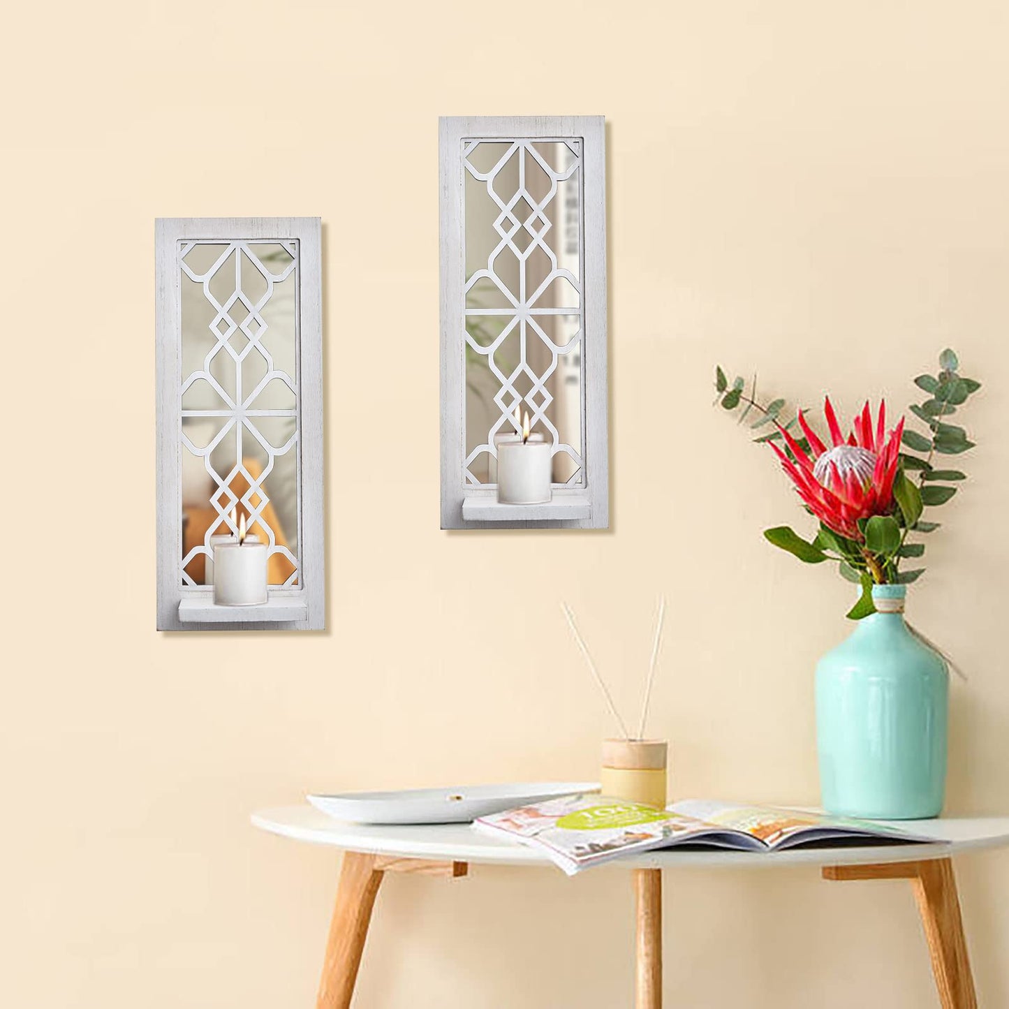 Wood Wall Sconce Candle Holder Set 2, Rustic Wall-Mount Candle Holders, Farmhouse Hanging Wall Décor, Carved Wood Frame, Mirrored Candle Holder (Distressed White)