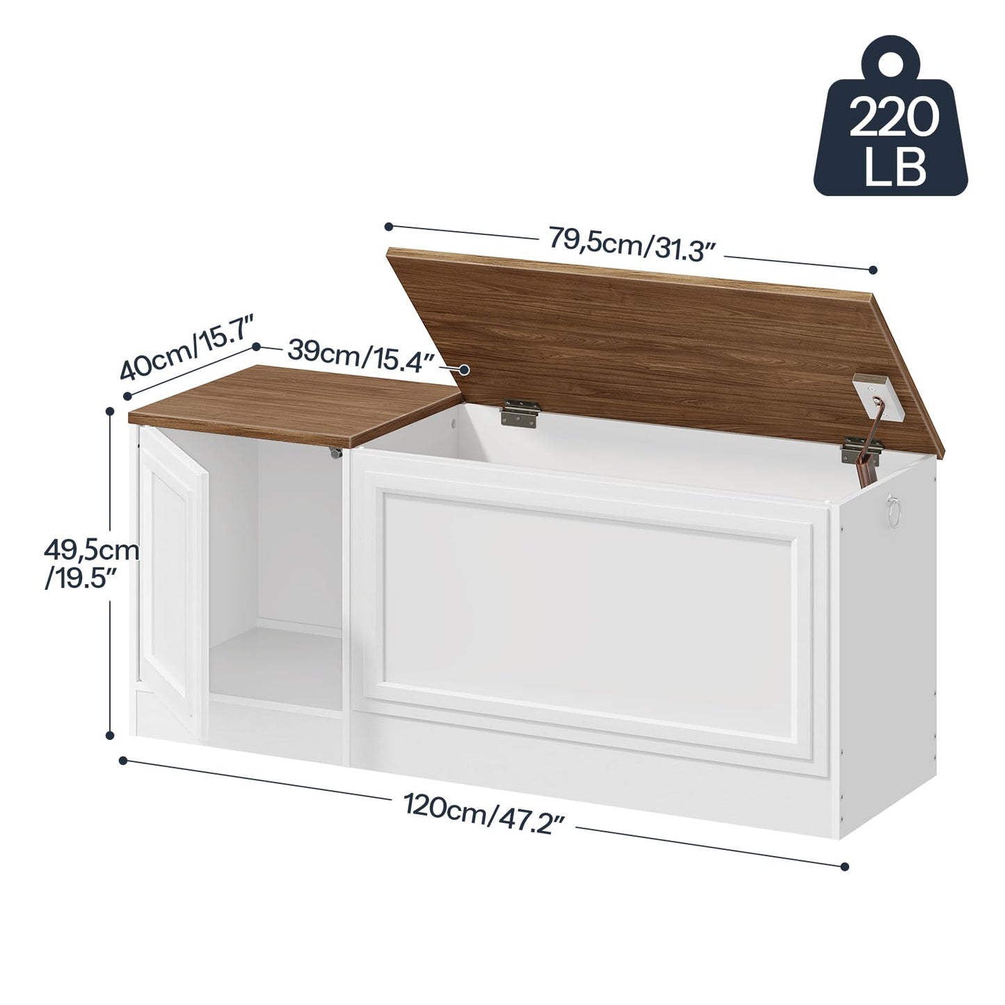 HOOBRO Storage Bench, 47.2" Wooden Toy Box, Toy Chest with Safety Hinge, Farmhouse-Style Storage Chest, Entryway Bench, for Living Room, Bedroom, Hallway, White and Walnut WH54CW01