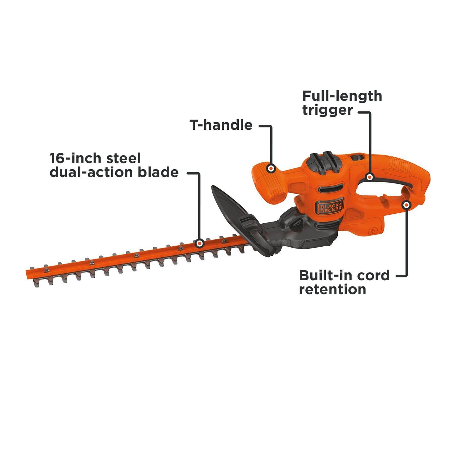 BLACK+DECKER Electric Hedge Trimmer, 16-Inch 3.0 Amp Compact Corded Power Hedge Trimmer (BEHT100)