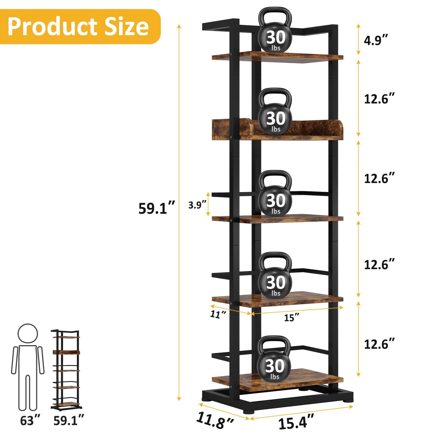 Hosfais Book Shelf Narrow Bookshelf: 5 Tier Wood Bookcase with Metal Edge Protection Industrial Modern Bookshelf Book Storage Organizer for Living Room Bedroom Home Office (Rustic Brown)
