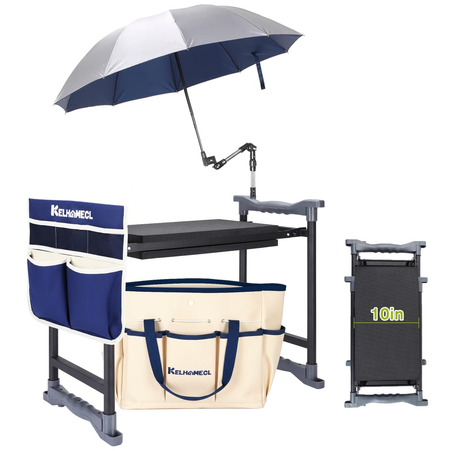 KELHOMECL Garden Kneeler and Seat with Umbrella, 2-in-1 Foldable Gardening Stool with Adjustable Bracket, Detachable Tool Bags, Heavy Duty Kneeling Pad for Gardening (Beige Blue)