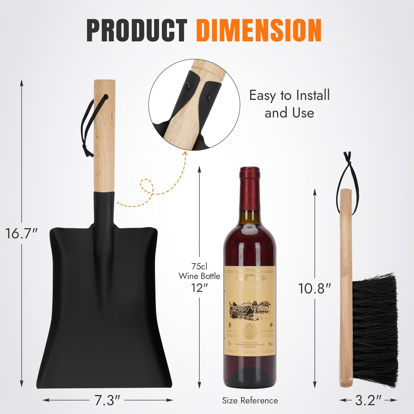 INNO STAGE Ash Shovel and Brush Set - Fireplace Tools Set Hearth Indoor Outdoor Modern Firepit Coal Shovel and Brush Kit Cleaning Tool Rust Resistant (7.3 * 16.7inch)
