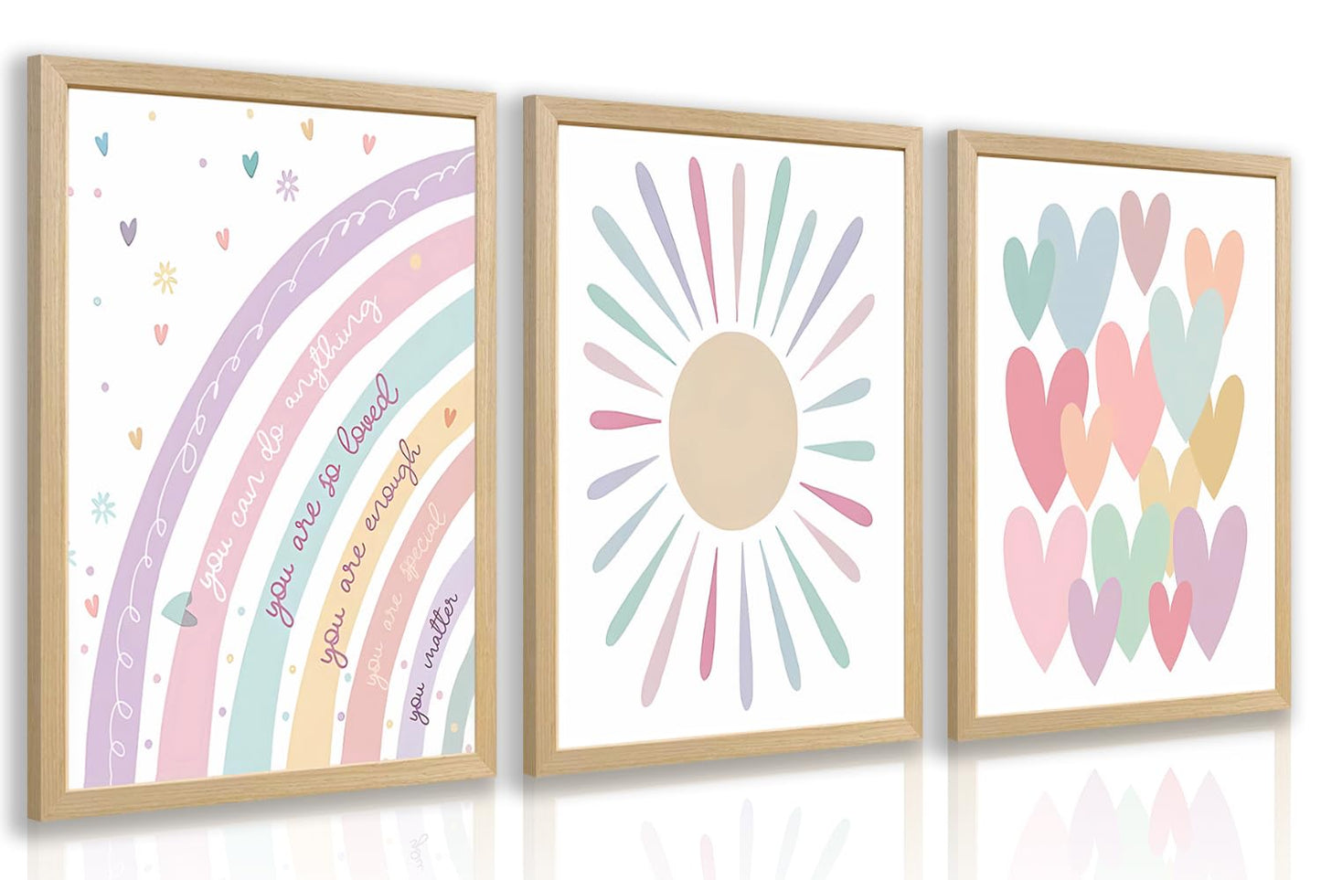 LLEEMPI Pink Heart Sun Rainbow Wall Art Set of 3, Baby Room Wall Decor, Boho Rainbow Nursery Canvas Painting, Classic Minimalist Poster Prints for Bedroom Bathroom Classroom Wood Framed 12x16 Inch
