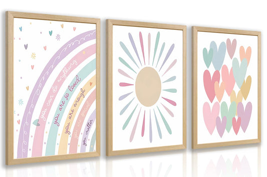 LLEEMPI Pink Heart Sun Rainbow Wall Art Set of 3, Baby Room Wall Decor, Boho Rainbow Nursery Canvas Painting, Classic Minimalist Poster Prints for Bedroom Bathroom Classroom Wood Framed 12x16 Inch