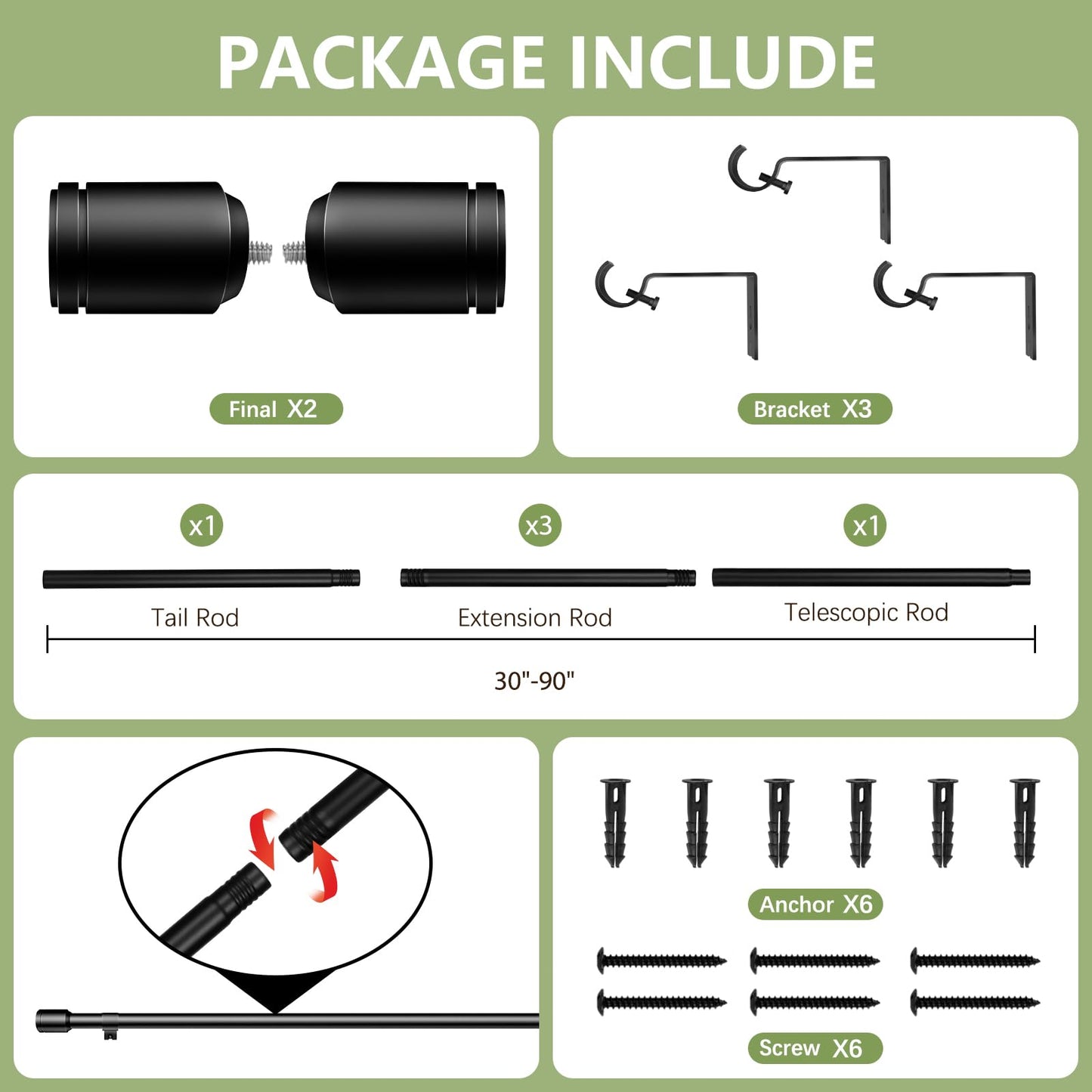 5/8” Diameter Curtain Rods 30-90 Inch, for 30-84 Inch Windows, Adjustable Splicing Black Curtain Rods for Windows with Brackets, Window Rod Long Small Curtains Rod