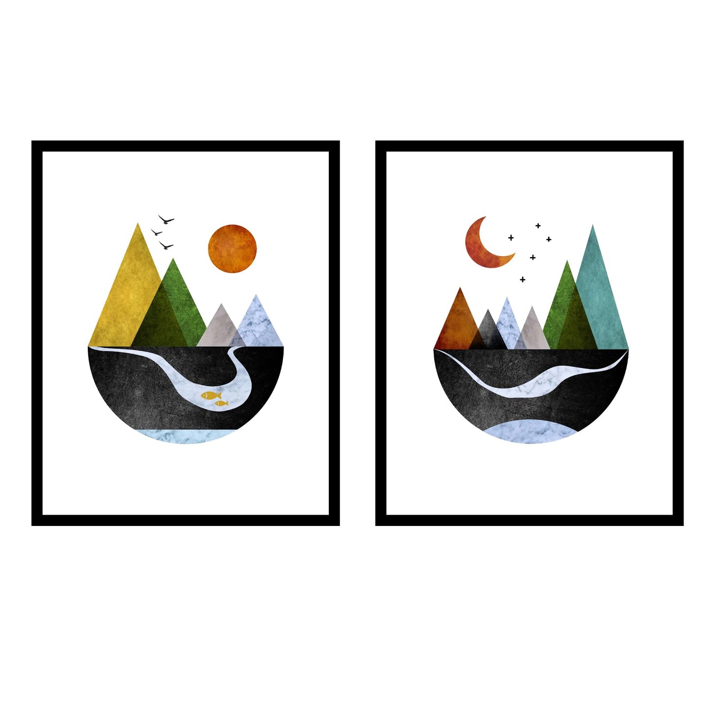 Scandinavian Mountain Wall Art Set of 2, Nordic Geometric Landscape Prints, Minimalist Abstract Poster for Living Room Bedroom Office Decor, Boho Scandi Wall Decor, Unframed 11x14 Inch