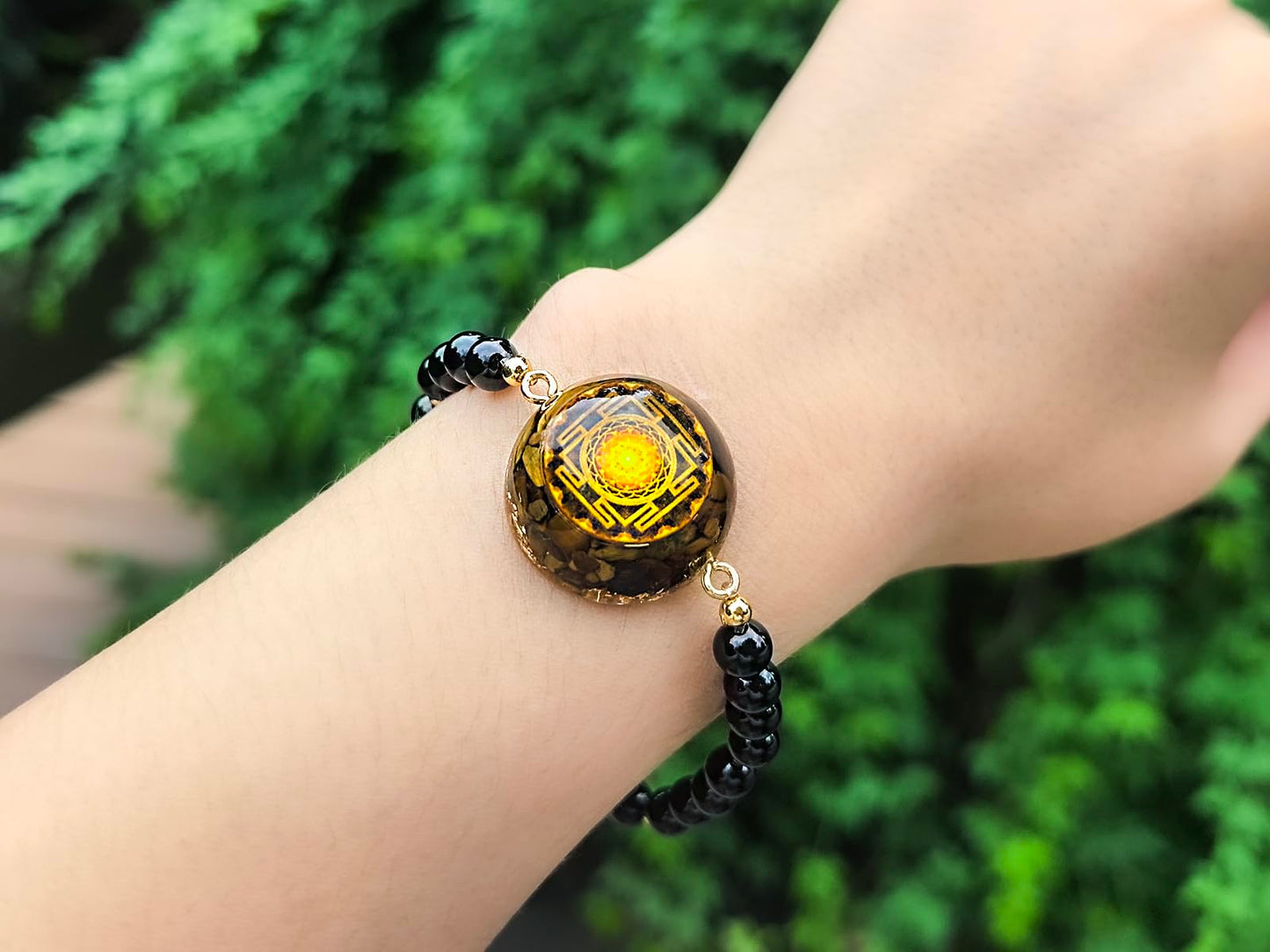 Day Day Up Natural Tiger's Eye & Black Onyx Orgone Energy Bracelet - 7 Chakra Balancing, Stretch Healing Stone Beads, Spiritual Jewelry for Protection & Wealth (Style 2)