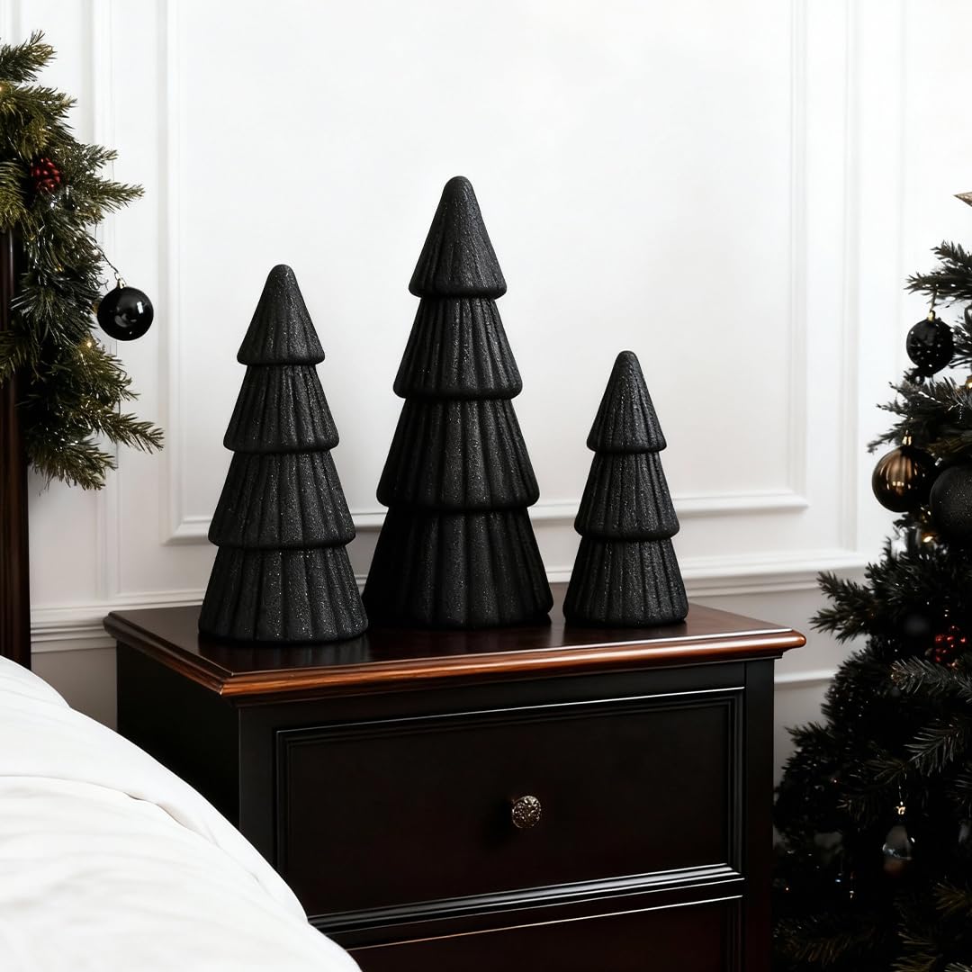 Joyhalo Tabletop Christmas Trees, Set of 3 Frosted Christmas Trees Indoor Xmas Decoration Centerpieces for Table, Mantel, Holiday, Party and Home Decor, Black