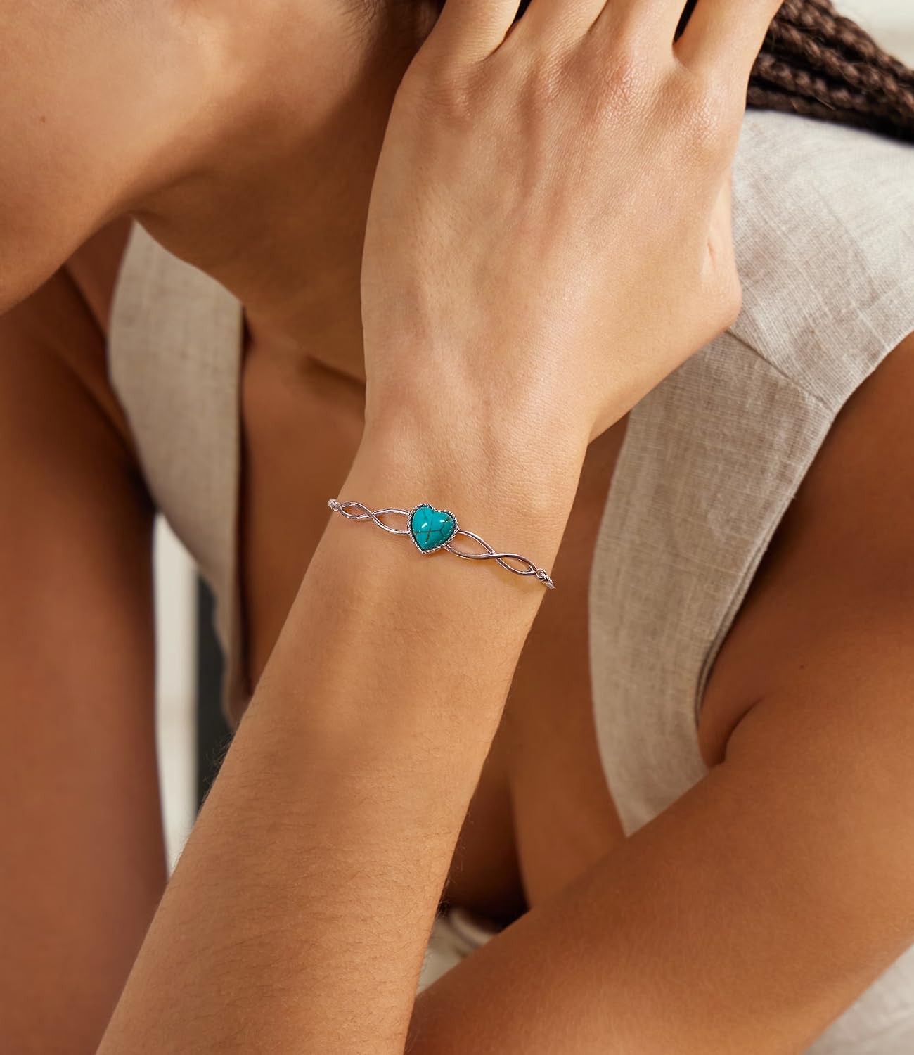 DOLIOX Genuine Heart Turquoise Adjustable Bracelet for Women with Infinity 925 Sterling Silver Box Chain Jewelry 6.5 to 7.5 Inch