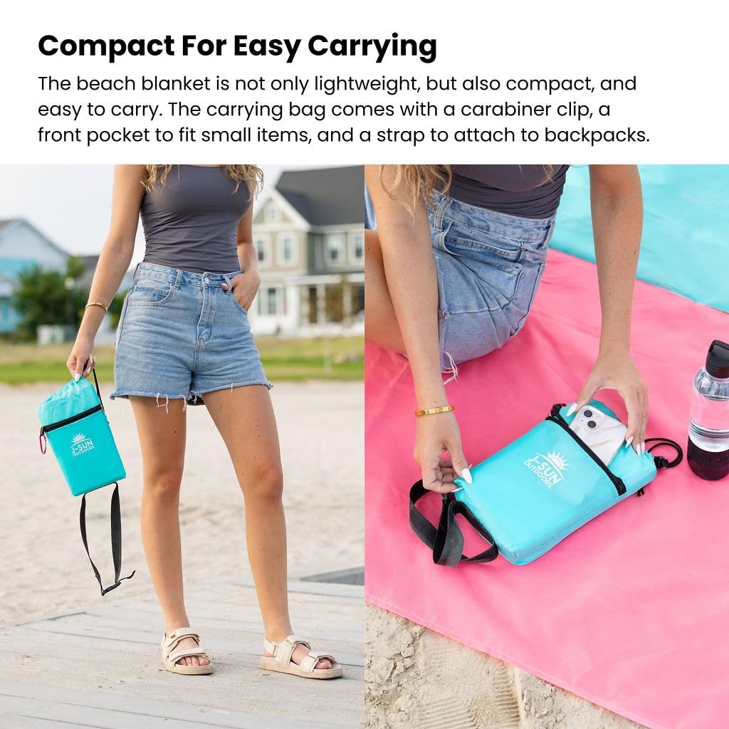 Beach Blanket Sandproof Waterproof, Extra Large Beach Mat, Oversized & Compact Sand Free, Quick Dry Beach Essentials for Vacation, Cruise, Picnic & Camping with Stakes & Extra Zippered Pockets