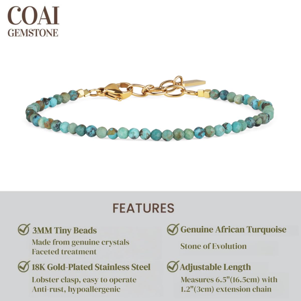 COAI Women's Dainty Bracelet, African Turquoise Bracelet for Women 3mm