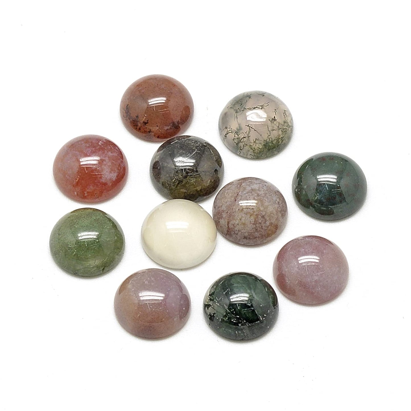 Fashewelry 50Pcs Natural Indian Agate Cabochons Colorful Stone Half Round Beads 10mm Flat Back Gemstone Chakra Healing Crystal Dome Cover Cabs for Jewelry Making