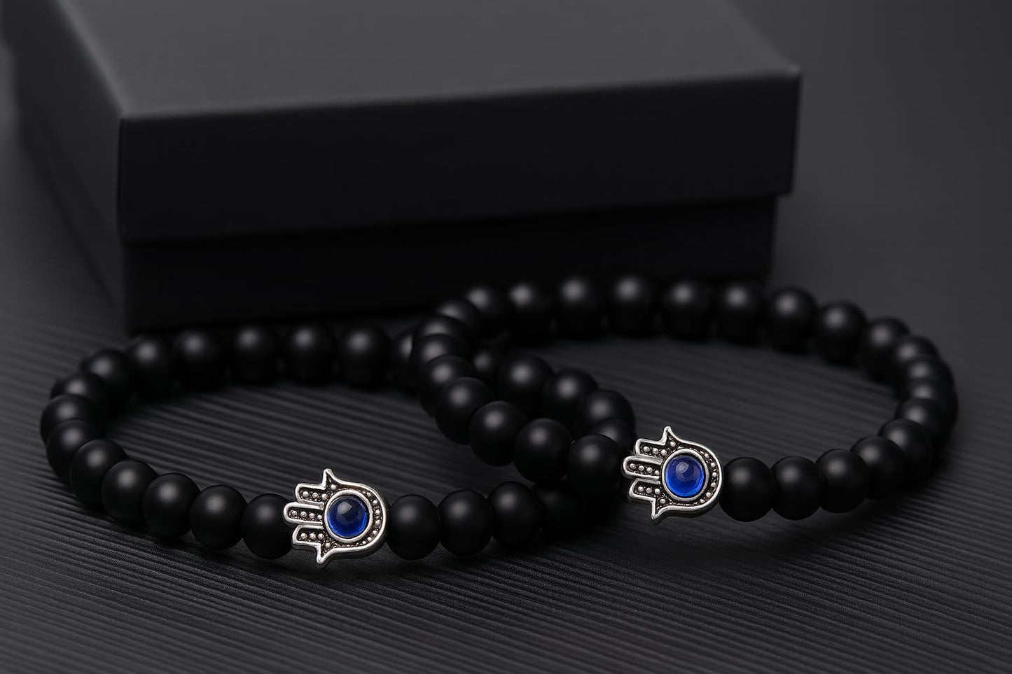 Jendfert Obsidian Energy Beaded Bracelet, Black Tourmaline Beads, Feng Shui Chakra Healing Double Guardian Bracelet, 8mm Black Onyx Beads, Personalized Gift for Men and Women（2 PSC Evil Eye）