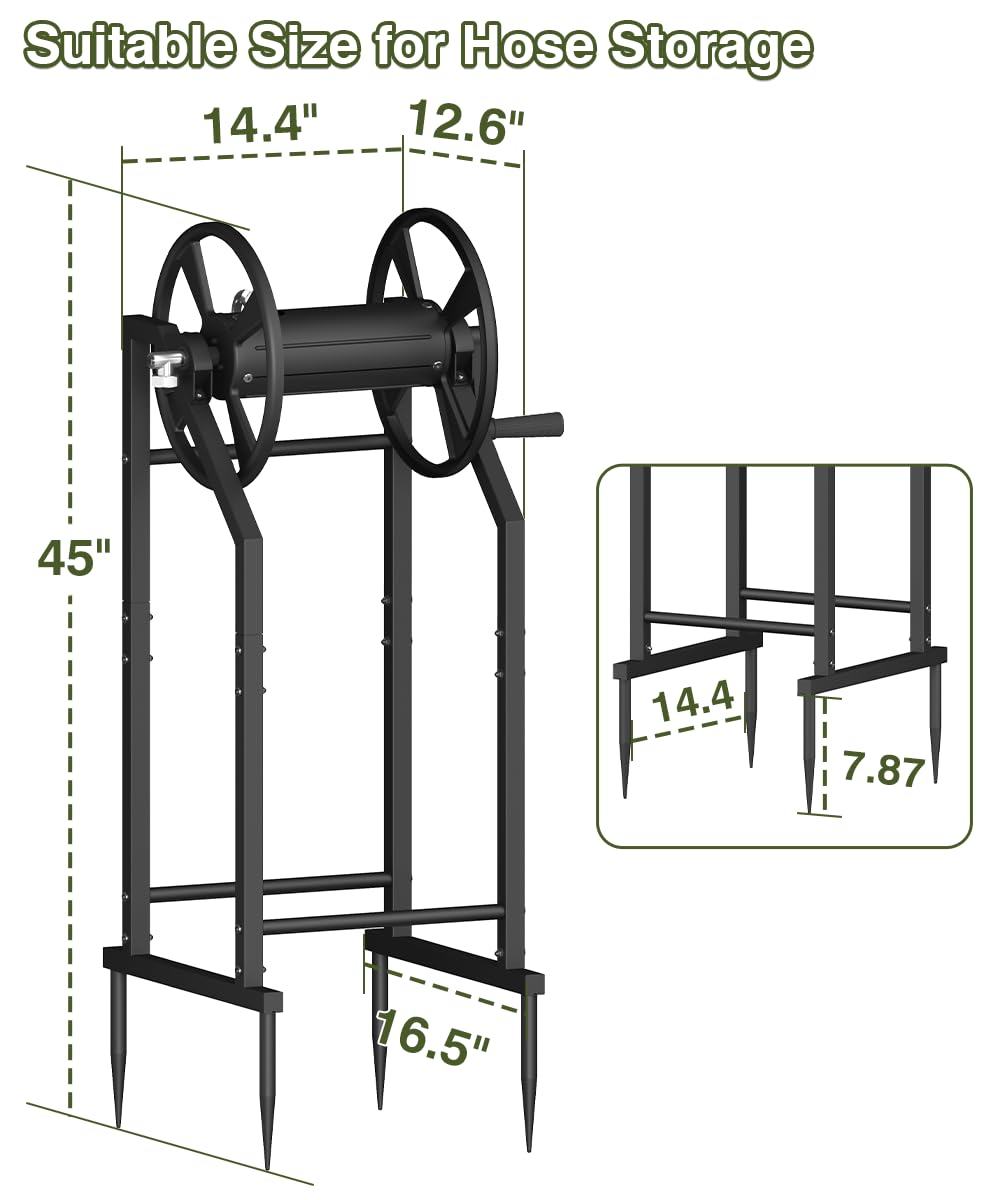 Mokeyder 4-Spike Garden Hose Reel with 3.9ft Leader Hose & Stainless Fitting, Outdoor Hose Holder holds 125ft Hose of 5/8", Freestanding Metal Hose Stand for Outside Yard Lawn, Black