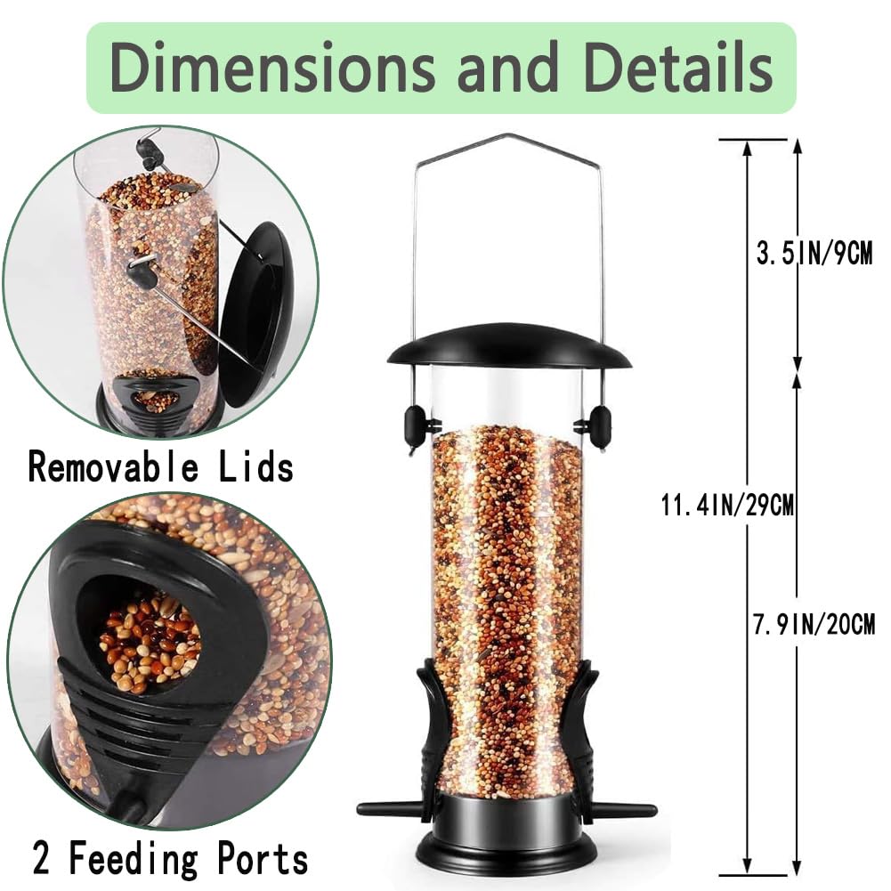 Metal Bird Feeder, Tube Bird Feeders for Outdoors Hanging, Heavy Duty Chew-Proof and Rust-Proof Tube Bird Feeder, Weatherproof & Steel Hanger, Attracting for Wild Birds (Black)