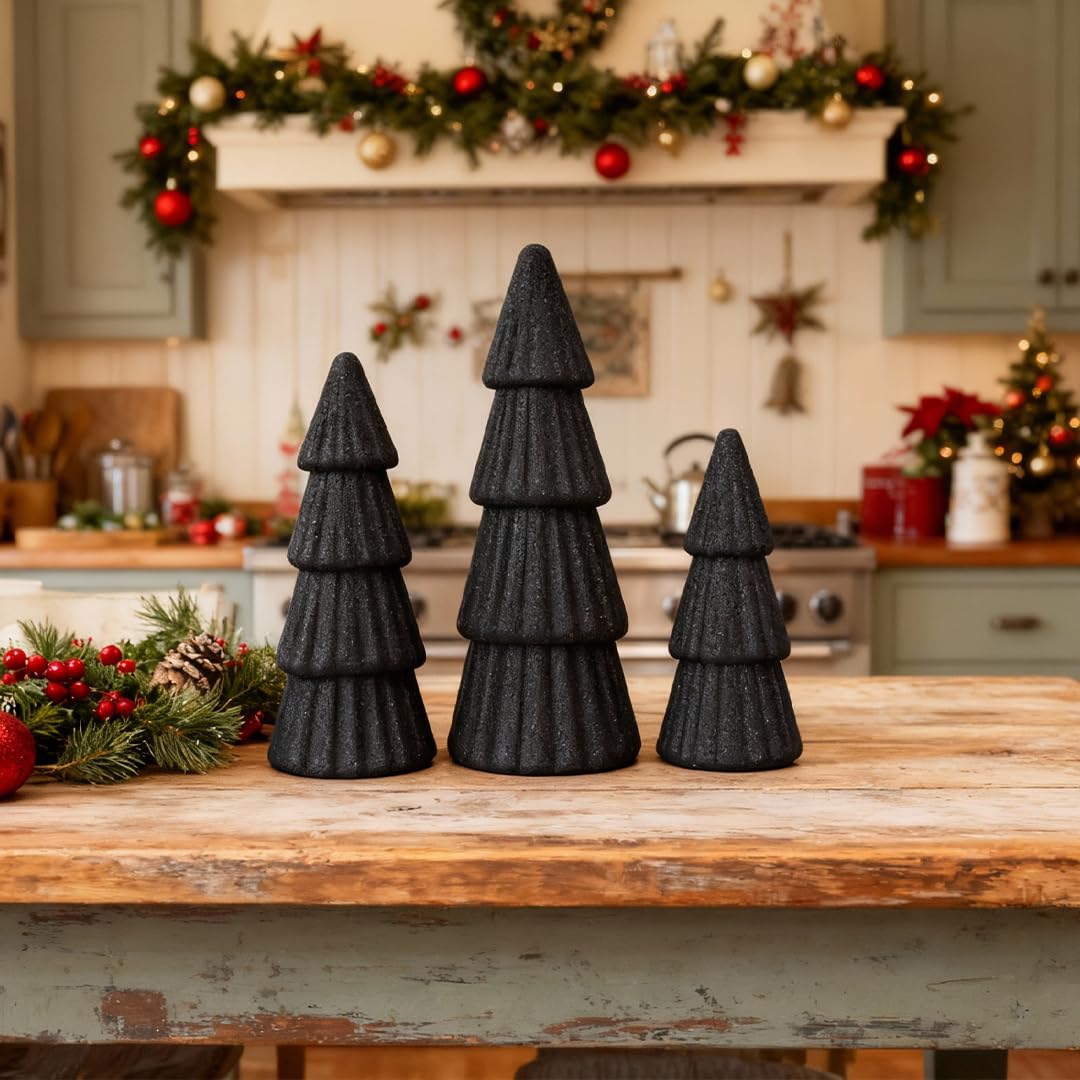 Joyhalo Tabletop Christmas Trees, Set of 3 Frosted Christmas Trees Indoor Xmas Decoration Centerpieces for Table, Mantel, Holiday, Party and Home Decor, Black