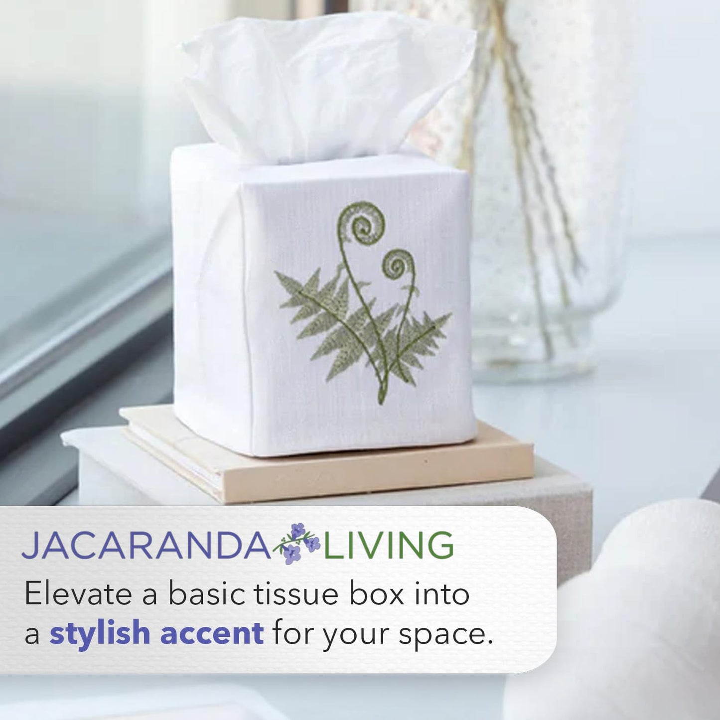 Jacaranda Living Square Tissue Box Cover, Linen/Cotton Fabric Tissue Holder, Decorative Cloth Tissue Cube Cover, Cover, Botanical Designs, Potted Primrose (Pink)