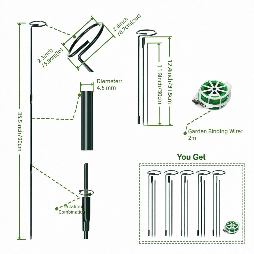 6 Sets Durable Metal Plant Stakes - 12/25/36 Inch Steel Plant Support Garden Stakes Sticks, Indoor Outdoor Plant Poles for Tomato, Orchid, Lily, Peony, Amaryllis, Flowers & Vegetables