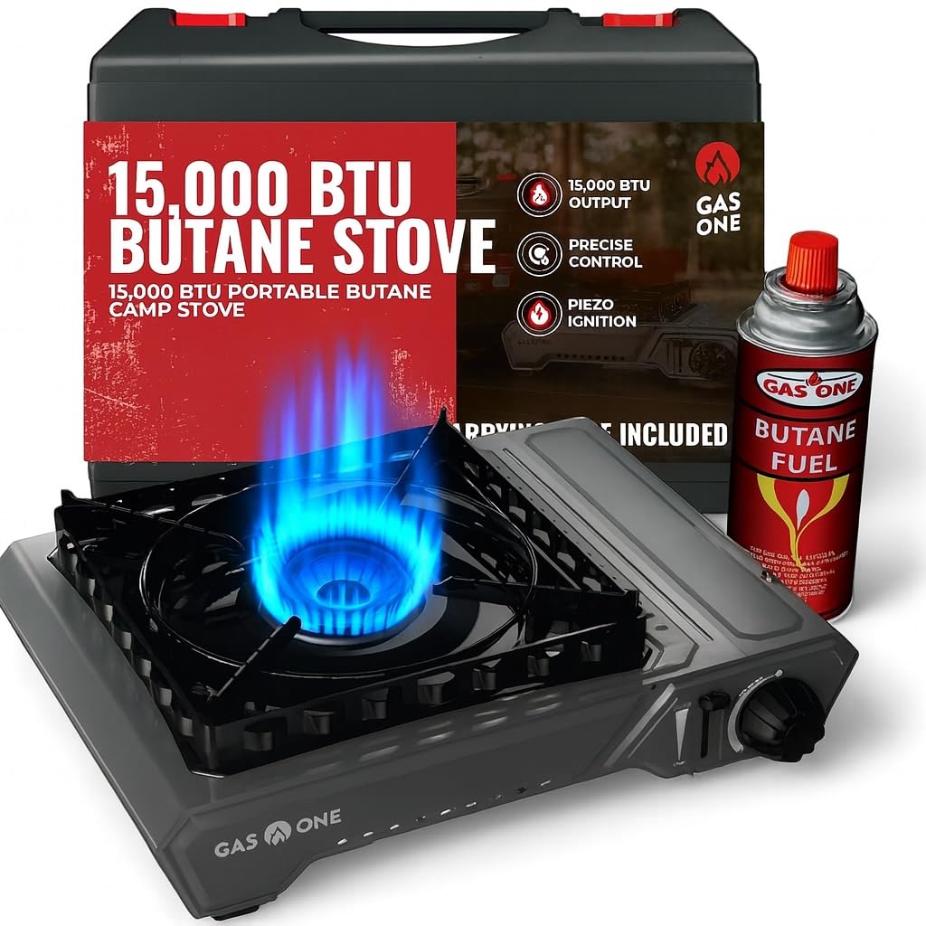 GasOne GS-5900A 15,000 BTU Portable Butane Camping Stove with Heavy Duty Case: Automatic Ignition, High Output, Precise Heat Control - Camping & Tailgating and Outdoor Cooking