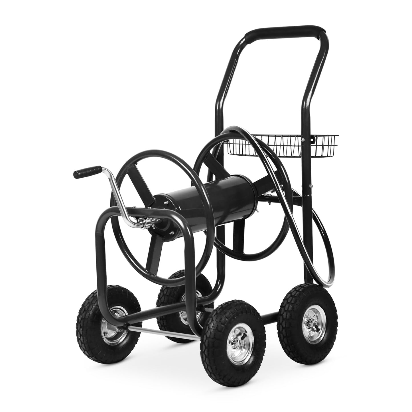 Pazidom Hose Reel Cart, Hold Up to 300 ft of 5/8’’ Hose, Heavy Duty Garden Water Cart with 4 Wheels, Powder-coated Steel Outdoor Planting with Storage Basket for Garden, Lawn, Yard, Black