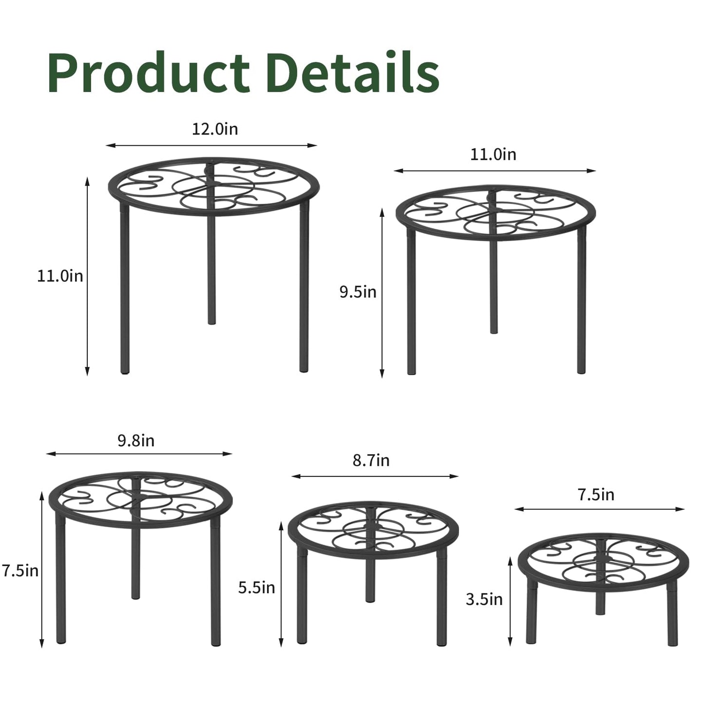 mekpiwu 5-piece set of metal plant potted flower racks, heavy-duty flower pot plant racks of different sizes, iron flower racks, suitable for indoor and outdoor home decoration (Black) (5, Black)