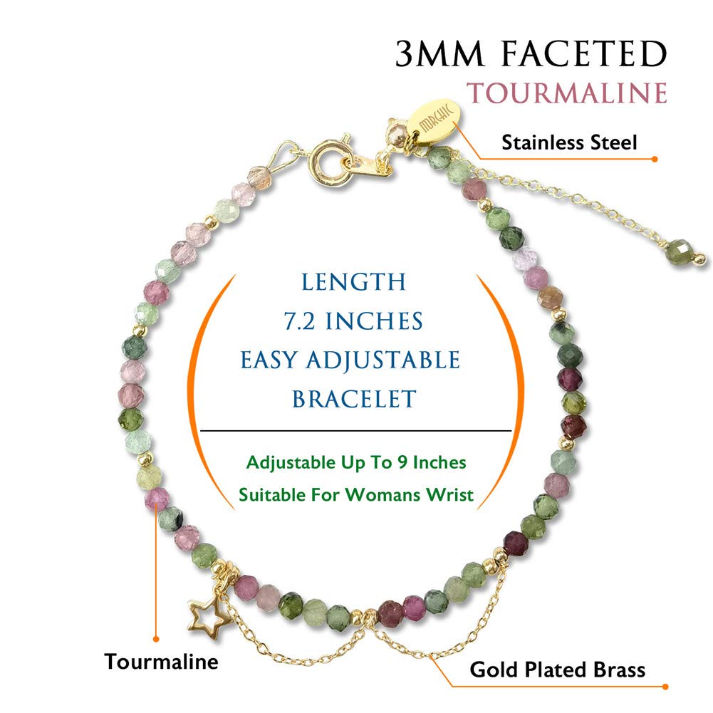 Morchic Colorful Tourmaline 3mm Faceted Natural Gemstone Beads Womens Strand Bracelet, Easy Adjustable Chain 7-9 Inch Birthday Gift