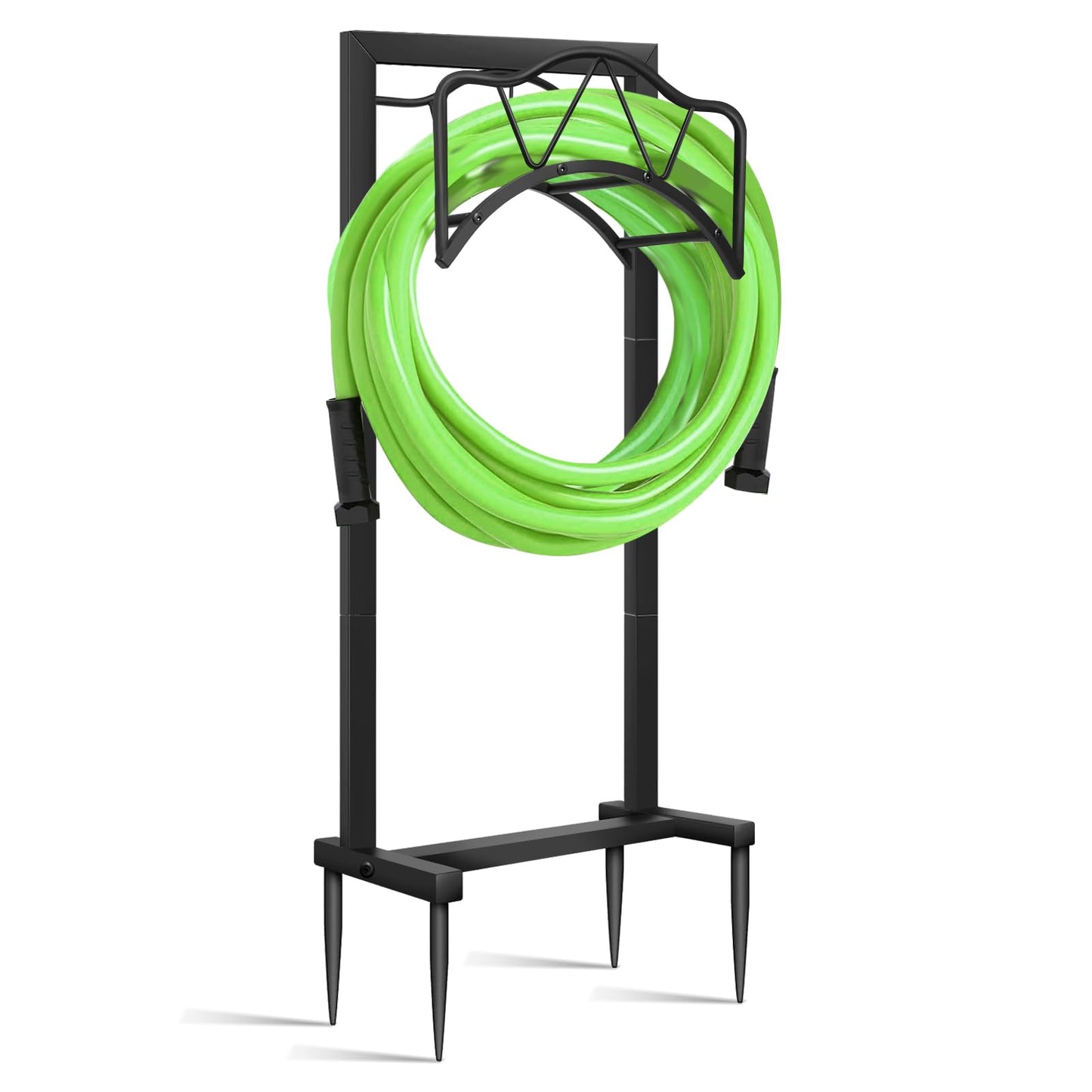 Freestanding Outdoor Garden Hose Holder, Heavy Duty Metal Storage Stand with 4 Spikes, Space Saving Organizer for Patio, Lawn, Backyard, Holds up to 150ft Hose, Black
