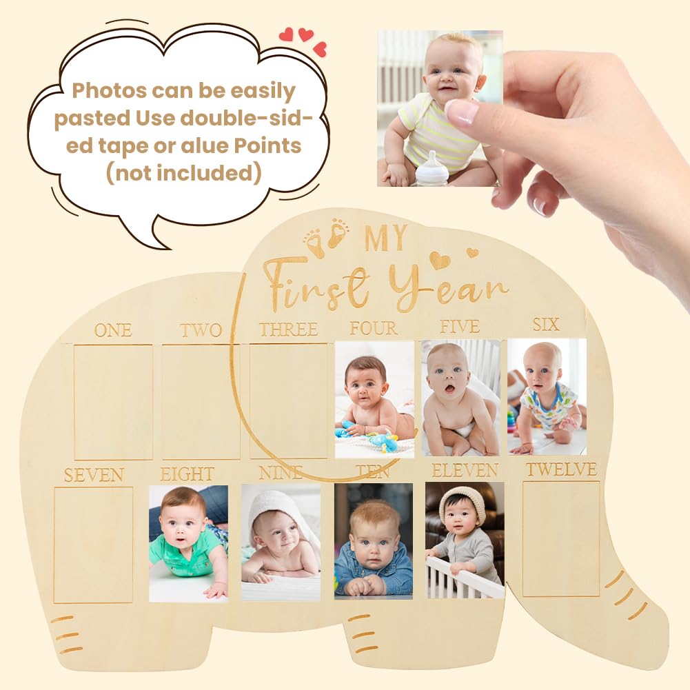 XIHUADOU My First Year Picture Frame – One-Year Photo Board for Baby, 12-Month Collage Keepsake with Stand, Gender Neutral Design for Baby Showers, New Mom Gifts & Nursery Decor (Elephant Sign)