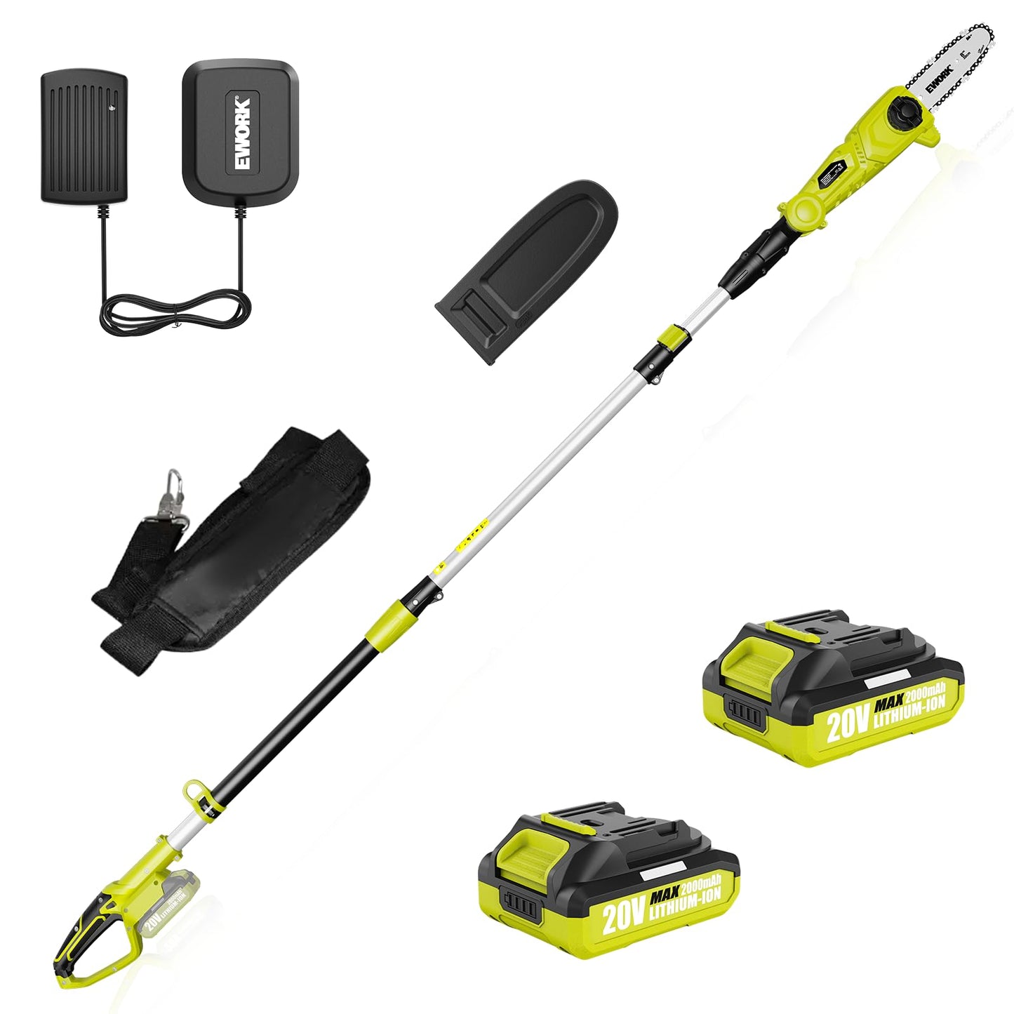 EWORK Electric Pole Saws for Tree Trimming 20V 8-Inch Cordless Pole Chainsaw, Extension to 14.8-Ft, 4-Angle Adjustable Head, Tool-Free Tensioning with 2x2.0Ah Battery & Fast Charger