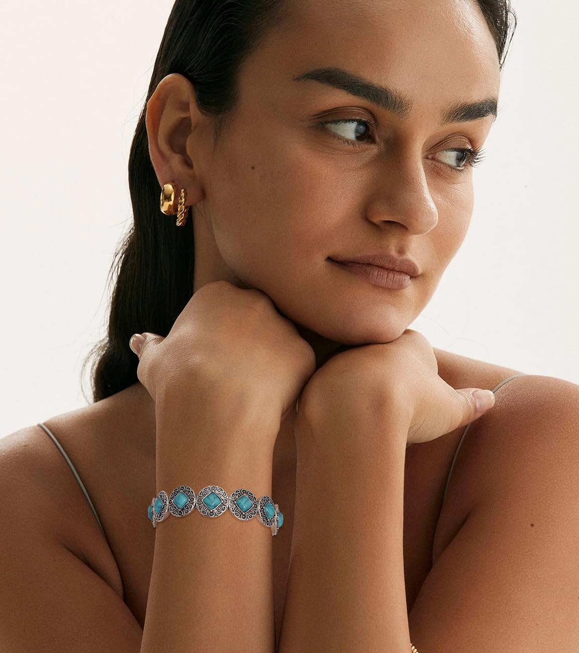 Wovanoo Turquoise Stretch Bracelets Boho Natural Stone Bangle Bracelet Adjustable Carved Wrist Bracelet Round