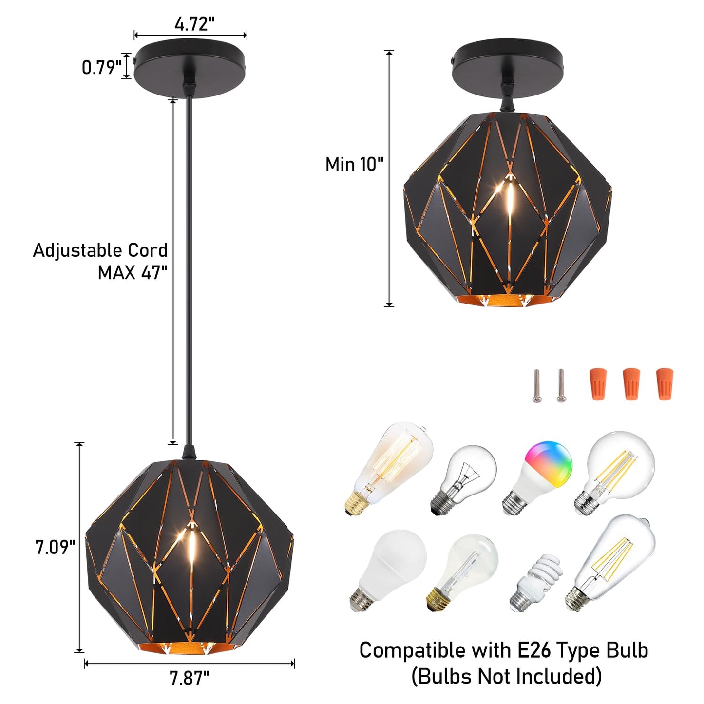 baunoisk Pendant Light Industrial Vintage Pendant Lamp Retro Farmhouse Ceiling Hanging Light Fixture Black Metal Creative Geometric Diamond Shade Pendant Lighting for Kitchen Island