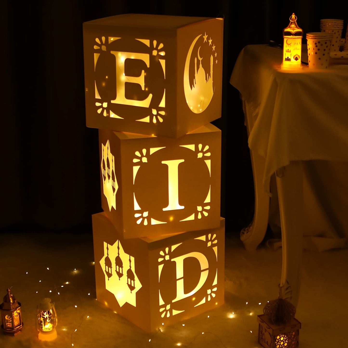 Eid Decoration Boxes with Light - 3pcs White Hollow-Out Paper Boxes with Warm Light String, Cultural Elements Box for Eid al-Fitr Decor al-Adha Festival Ramadan Mubarak Muslim Islamic Supplies